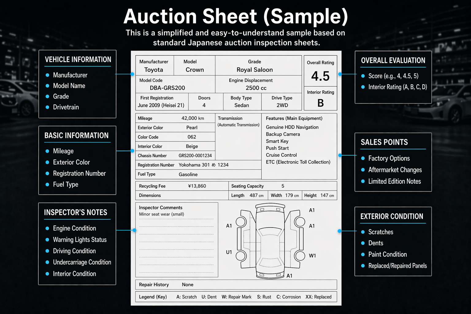 Sample layout of an official Japanese auction inspection sheet