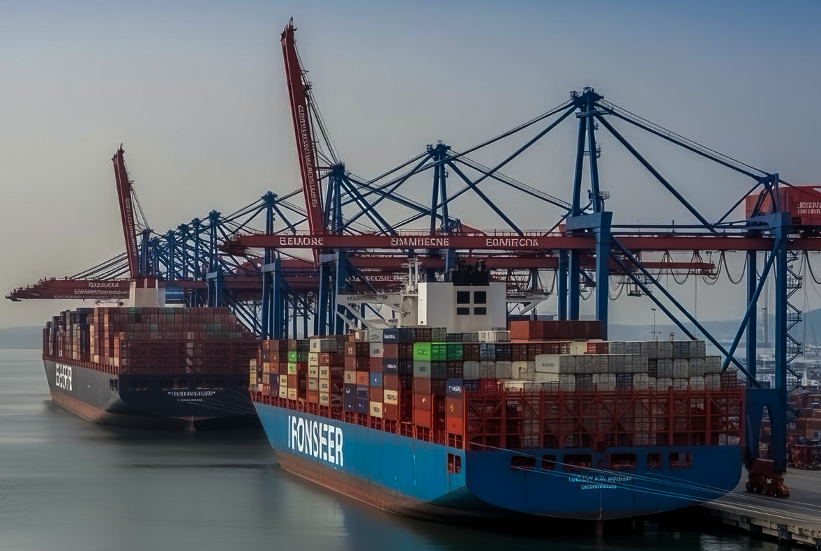 Container ship at port with loading cranes