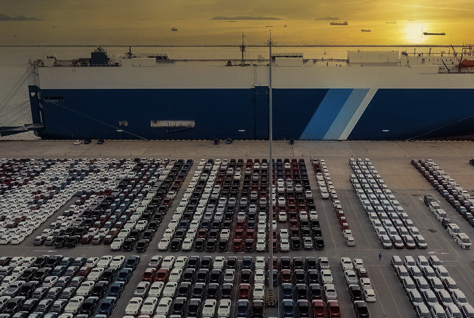 RoRo vessel loading vehicles at port